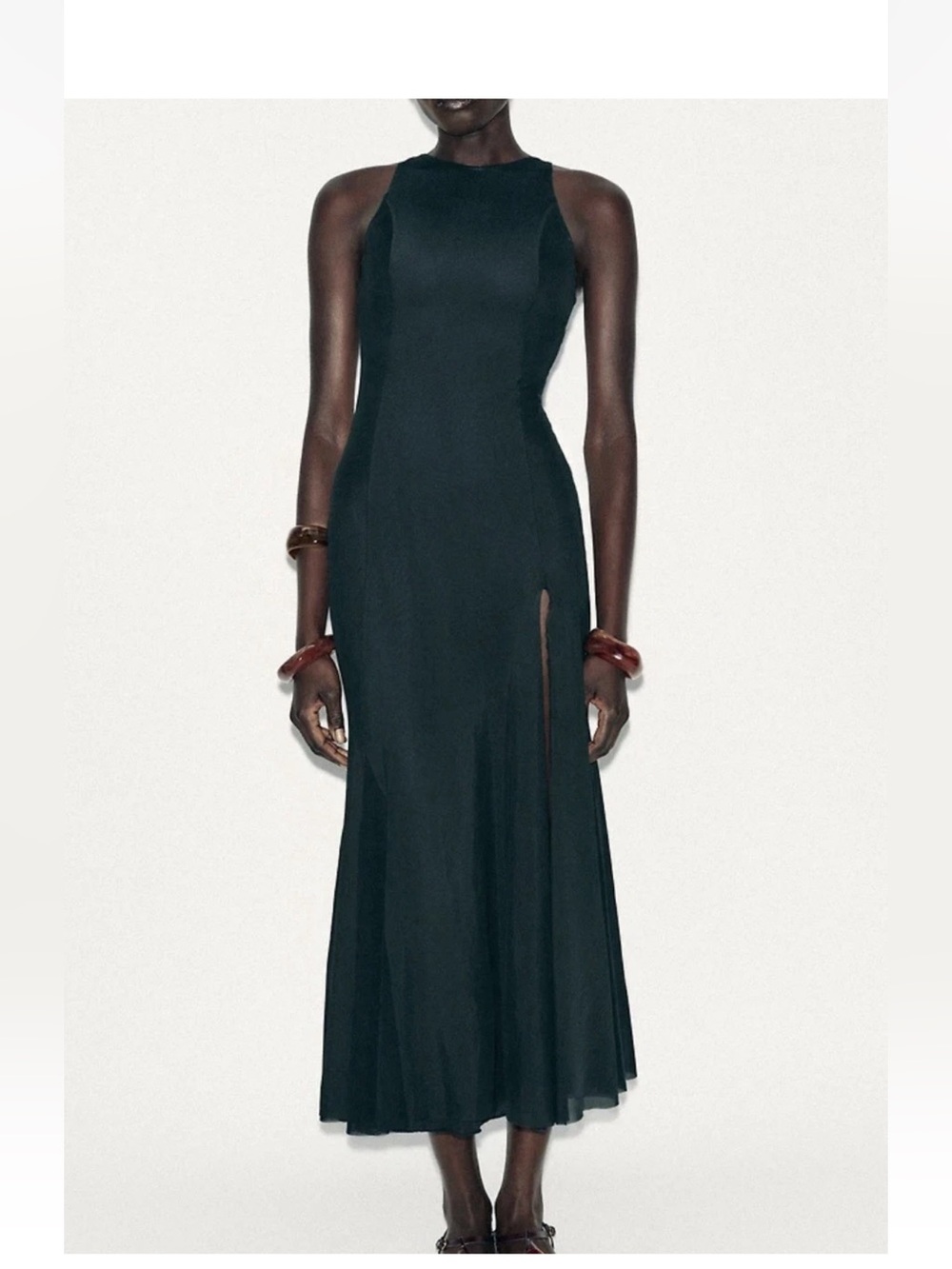 Zara Long Tulle Godet Sleeveless Maxi Dress with Side Slit, Dark Green, Size L - Picture 1 of 10